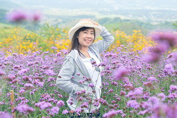 Elderly Asian woman standing in a purple flower field. Asian tourists are standing to admire the beauty of flowers in the mountain gardens at Phetchabun province , Thailand.