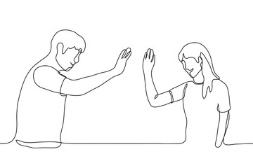 The young guy smiles and gives five to the girl who smiles back at him. One continuous line drawing of man and woman clapping their palms. Concept of friendship, team building, celebration
