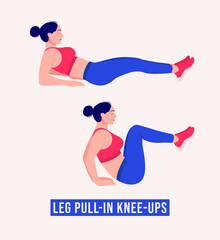 Girl doing Leg Pull-In Knee-ups exercise, Woman workout fitness, aerobic and exercises. Vector Illustration