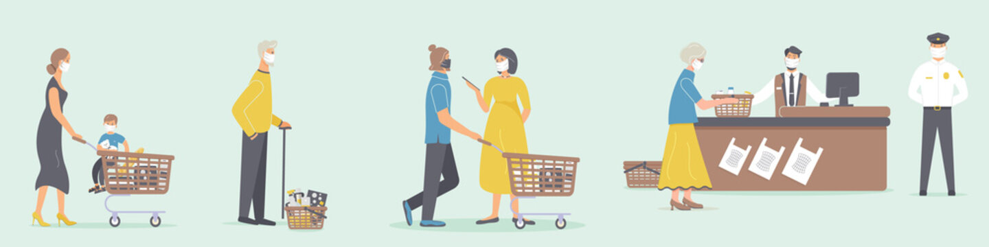 Grocery Store During Epidemic Of Virus.Cashier And Guard In Protective Medical Masks. Teller Serves Various Customers Who Are Waiting In Queue At A Social Distance In Supermarket.Raster Illustration