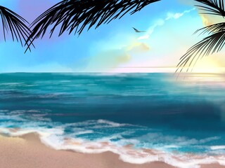 Palm tree’s silhouette and sunset on the beach