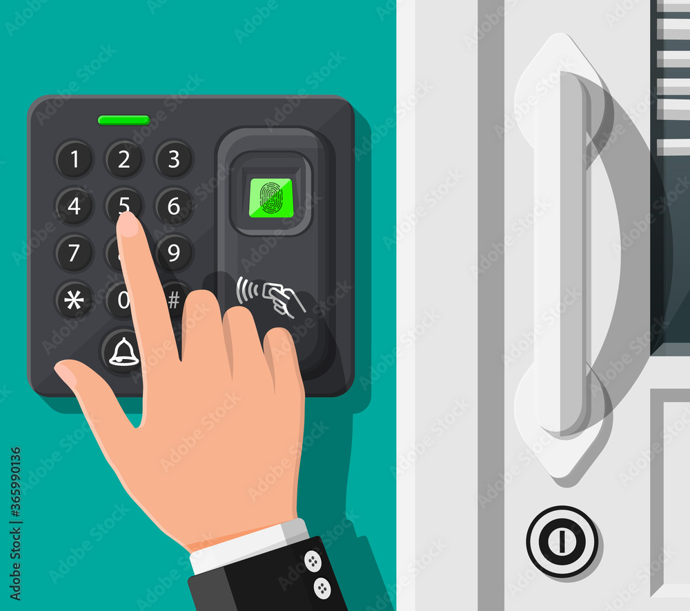 Poster password and fingerprint security device at office or home door. access control machine or time the 