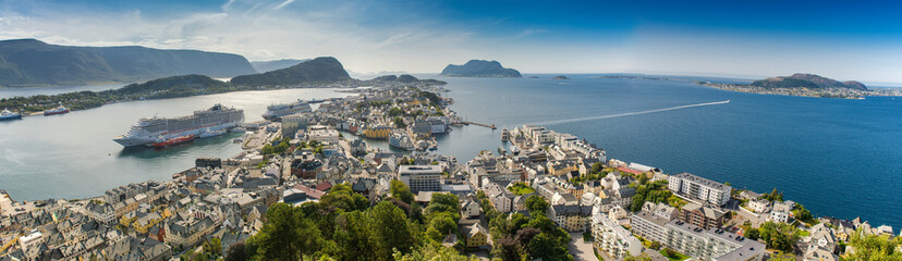 Obraz premium Alesund panorama. Norwegian city port top view. Northern Europe