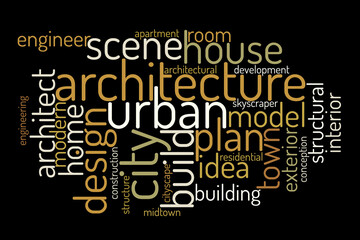 Architecture word cloud. Architectural concept. Collage made of words. Vector colorful illustration. Isolated on black background.