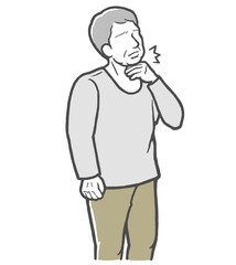 のどの痛みを感じる長袖を着た中年男性