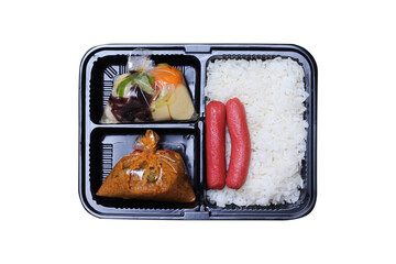 Set of thai food take away  top view ( sausage on rice and clear soup with tofu minced por , red curry with beef ) in plastic box  isolated on white background  clipping path