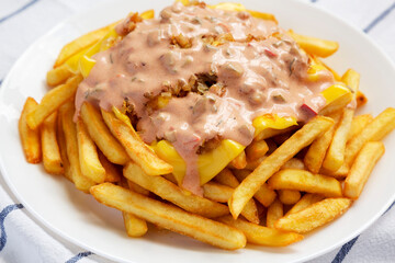 Homemade Animal Style French Fries on a white plate, side view. Close-up.