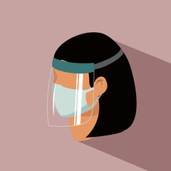 Woman wear protective medical face mask with faceshield cartoon isometric design icon vector illustration. Infectious control and prevent corona virus, covid-19 epidemic concept.