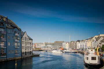 Alesund. Norwegian port city. Northern Europe. Streets and houses on the water
