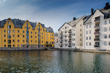 Alesund. Norwegian port city. Northern Europe. Streets and houses on the water