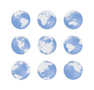 Set of Earth globe blue signs in various angles vector illustration isolated.