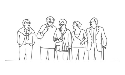 Old people standing together. Line drawing vector illustration.