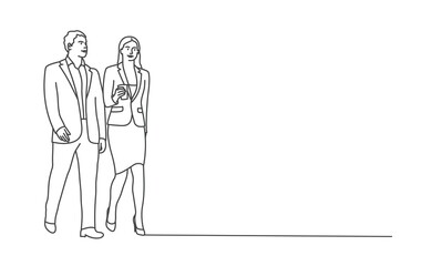 Walking business couple. Man and woman. Line drawing vector illustration.