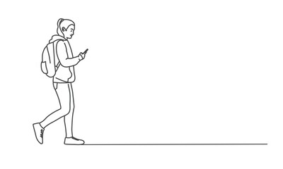 Line drawing vector illustration of girl using phone.
