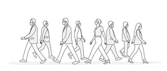 Walking people in protective masks. Crowd of people. Line drawing vector illustration.