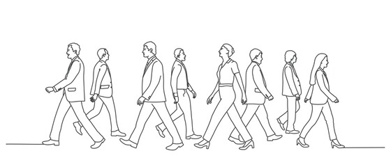 Walking crowd of people. Line drawing vector illustration.