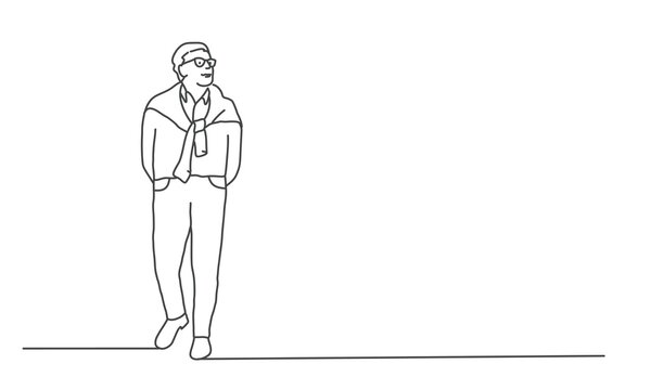 Old man with glasses walking. Line drawing vector illustration.
