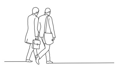 Walking business people. Rear view. Line drawing vector illustration.