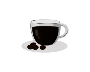 Glass cup of hot black coffee with coffee beans isolated on white background. Icon vector illustration.