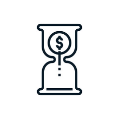 Money in sandglass, time management, time is money outline icons. Vector illustration. Editable stroke. Isolated icon suitable for web, infographics, interface and apps.