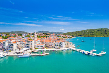 Fototapeta na wymiar Croatia, Adriatic coastline, coastal town of Pirovac, waterfront view from drone