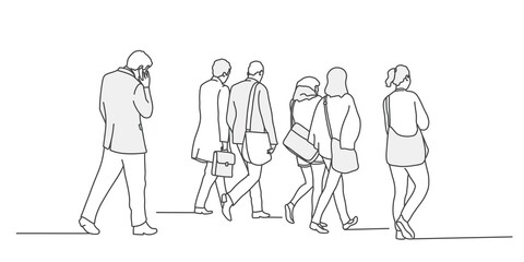 Walking crowd of people. Rear view. Line drawing vector illustration.