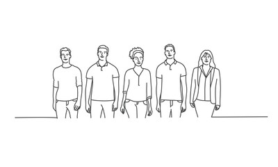 Diverse group of standing people. Line drawing vector illustration.