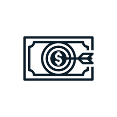 Investment target, cash, money with arrow outline icons. Vector illustration. Editable stroke. Isolated icon suitable for web, infographics, interface and apps.