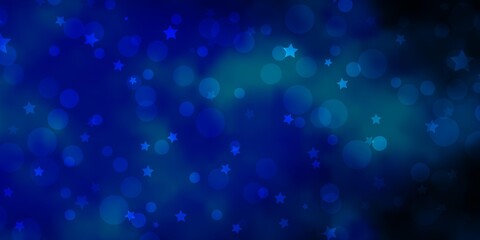 Dark BLUE vector template with circles, stars. Abstract illustration with colorful spots, stars. Pattern for design of fabric, wallpapers.