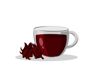 red hibiscus juice tea and fresh Roselle fruit (Jamaica sorrel, Rozelle, Sorelle or hibiscus sabdariffa )