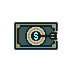 Investment target, cash, money with arrow filled outline icons. Vector illustration. Editable stroke. Isolated icon suitable for web, infographics, interface and apps.
