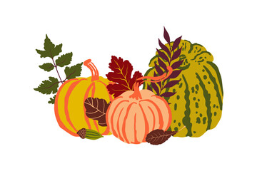 Autumn vector composition with pumpkins and leaves. Colourful stock illustrations of pumpkins and fall leaves.