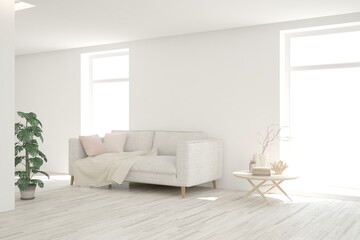 Fototapeta premium White living room with sofa. Scandinavian interior design. 3D illustration