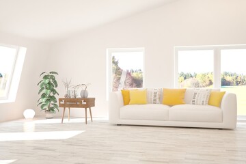 White living room with sofa. Scandinavian interior design. 3D illustration