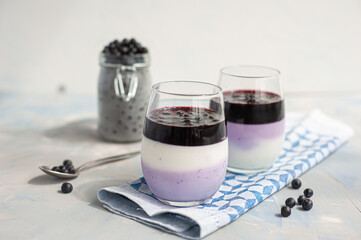 Layered blueberry dessert with cottage cheese in glasses on a concrete blue background