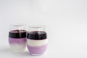 A layered dessert of cottage cheese, yoghurt and blueberries on a white background.
