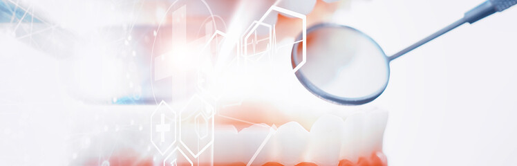 Dentist's office. Dentist examines the oral cavity before treatment. The doctor shows a course of treatment. Caries jaw treatment. Implantation and installation of veneers.