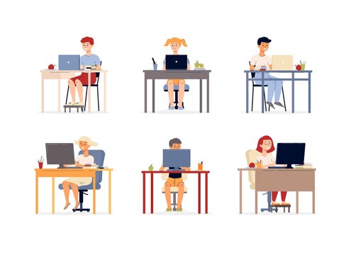 Characters set children studying on computer flat vector illustration isolated.