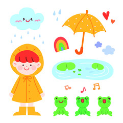 비오는 날의 여러가지 요소들 손그림 벡터 일러스트. 우비를 쓴 귀여운 어린이.