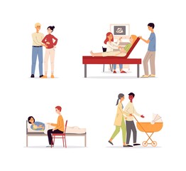 Parenthood and baby expectation scenes set of flat vector illustrations isolated.