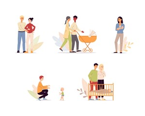 Maternity and parenthood characters set flat vector illustration isolated.