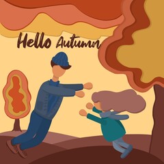 illustration of a man with a girl in autumn landscape 