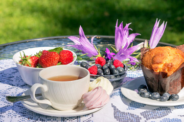Outdoor morning tea in the garden with delicious muffins and fresh berries.