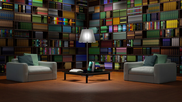 Grande libreria inserita in elegante salotto. Arredamento in legno ed illuminazione creano una calda atmosfera..