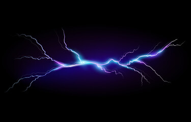 Vector illustration of a realistic style of bright glowing lightning isolated on a dark background, natural light effect. Magic white thunderstorm lightning element