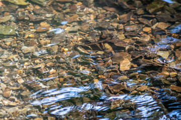 Silky ripples in water of a crystal clear water creek as idyllic natural background with high angle view shows zen meditation and little waves in a healthy mountain spring with a clear floating stream