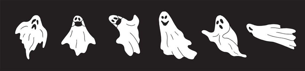 Halloween ghost silhouette character set. Spooky ghost in medical mask. Hand drawn doodle. Collection for celebration, template and decoration. Vector illustration, isolated on black background.