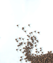 coffee beans roasted on white background from top view. 