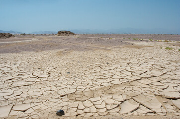empty background with cracked mud ground in desert, with green plants, blue sky, bright sun hot summer
