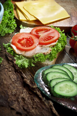 delicious sandwich with turkey meat, fresh tomatoes, cucumbers and green salad, nobody